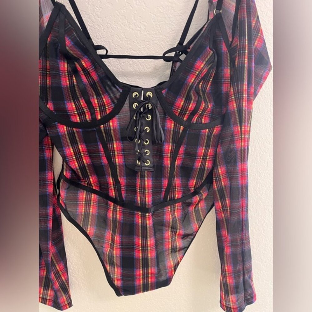 Parade x Betsey Johnson Red Plaid Sheer Sculpt Bodysuit